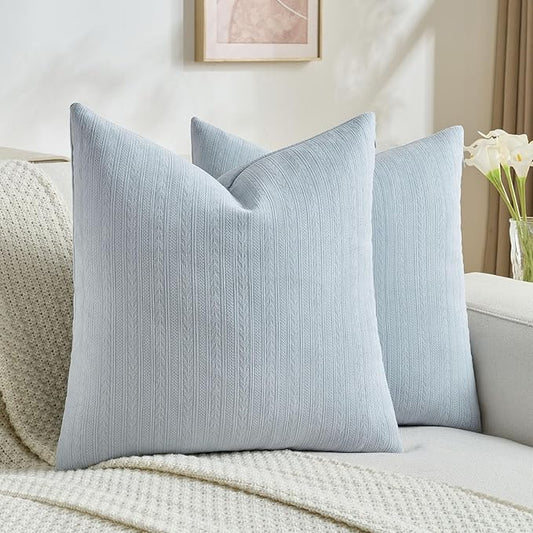 FUTEI Light Blue Decorative Throw Pillow Covers 16x16 Inch Set of 2,Soft Cozy Wheat Ear Striped Patterns Cushion Cases,Modern Home Decor for Couch Bed Living Room