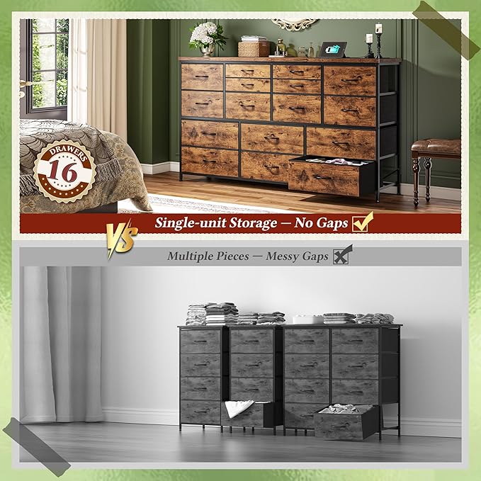 Dresser for Bedroom with 16 Fabric Drawers Long Dresser with Charging Station TV Stand for 60" TV Dressers & Chest of Drawers for Bedroom, Living Room, Closet, Rustic Brown