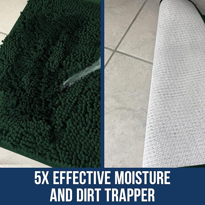 Muddy Mat Chenille Bathroom Rugs Quick Dry Microfiber Mats Non Slip Washable, Extra Thick, Soft and Highly Absorbent Bath Mats for Bathroom, Kitchen, and Shower Floor - Dark Green Medium 30"X19"