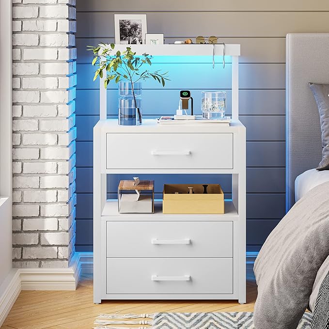 AOGLLATI Nightstand Set of 2 with Charging Station and LED Lights, Bedside Table with 3 Drawers and Open Storage Shelves, 2 USB Ports and 2 AC Outlets, LED Night Stand for Bedroom, 2 Pack, White