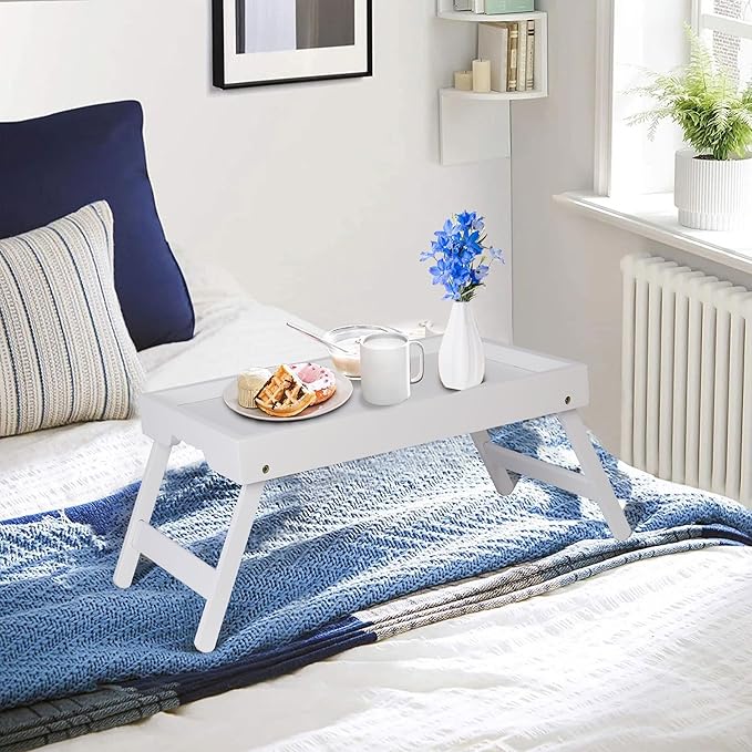 Bed Tray Table for Eating with Folding Legs, Bamboo Breakfast Table in Bed for Eating on Couch, Bed, Laptop Computer Tray(White, Medium)