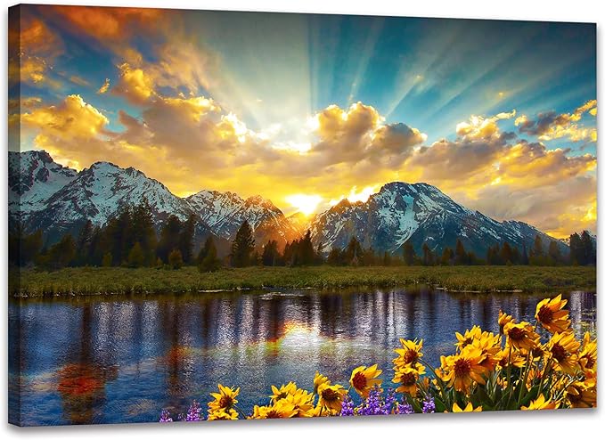 SKASNFAI Grand Teton National Park Wall Art Sunflower Landscape Canvas Mountain Artwork Landscape Print for Living Room Framed (28x44 inch)
