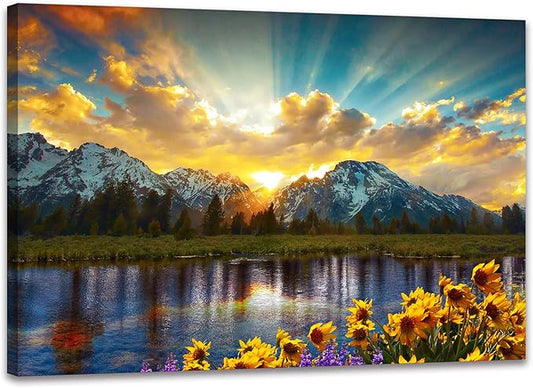 SKASNFAI Grand Teton National Park Wall Art Sunflower Landscape Canvas Mountain Artwork Landscape Print for Living Room Framed (28x44 inch)