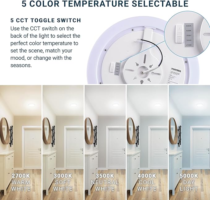 PARMIDA 12 Inch LED Flush Mount Ceiling Light with Night Light, 30W, ETL, 5 Color Selectable 2700K/3000K/3500K/4000K/5000K, 2400LM, Dimmable, Ultra Thin Round Modern Flat Panel, White Finish - 4 Pack