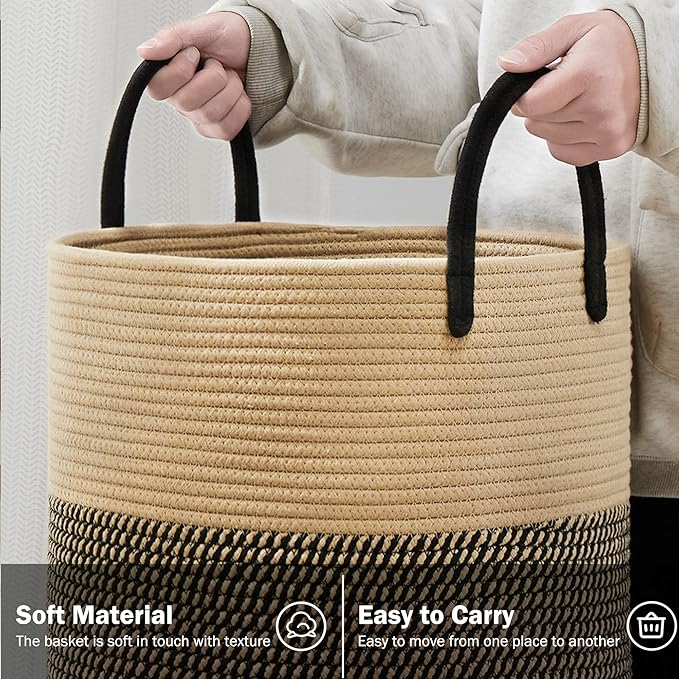 Woven Rope Laundry Hamper Basket, 100L Tall Laundry Basket, Baby Nursery Hamper for Blanket Storage, Clothes Hamper for Laundry in Bedroom-Extra Large-Black Brown
