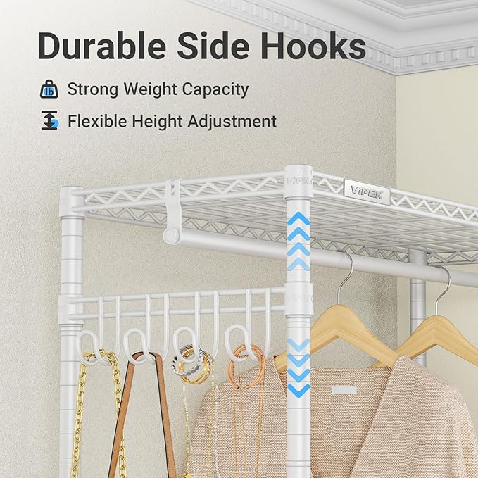VIPEK R2 Pro Rolling Garment Rack Heavy Duty Clothes Rack with Locking Wheels Adjustable Shelves 2-Sided Hanging Rods Metal Closet Freestanding Clothing Racks, Max load 600lbs, White
