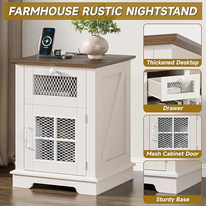 Nightstand with Charging Station, Farmhouse Night Stand with 1 Drawer and 1 Cabinet Magnetic Metal Mesh Barn Door, Rustic Wood Bedside for Bedroom, End Table, White