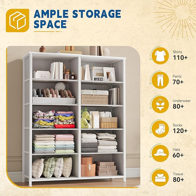 DWVO 10 Drawers Dresser, Fabric Dresser, Fabric Storage Tower, Organizer Unit for Bedroom, Living Room, Hallway, Closets
