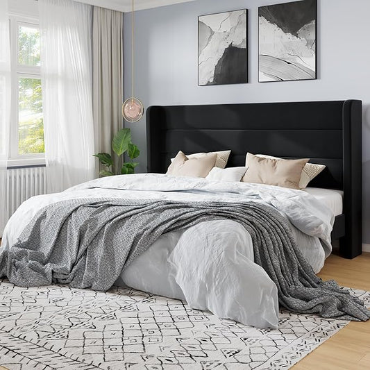 SHA CERLIN King Size Velvet Bed Frame/Vertical Channel Tufted Wingback Headboard/Upholstered Platform Bed with Wooden Slats/Mattress Foundation/No Box Spring Needed/Easy Assembly/Black