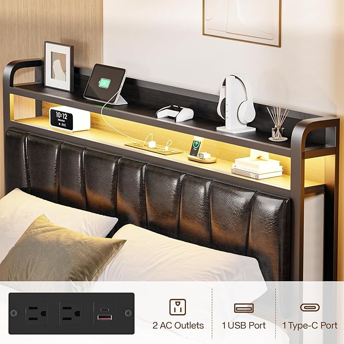 Full Size Bed Frame with 2-Tier Storage Shelves, LED Bed Frame with PU Leather Headboard, Metal Platform Bed with Charging Station, Noise Free, No Box Spring Needed, Easy Assembly, Black
