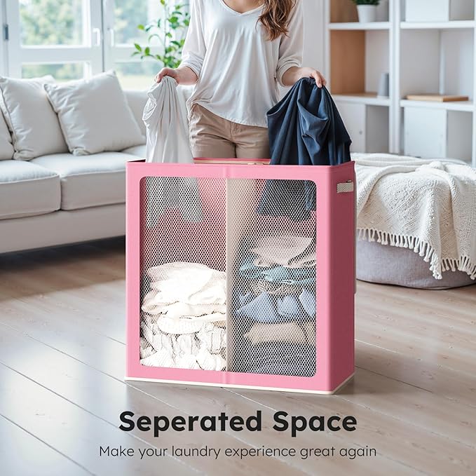 SOLEDI Large Double Laundry Hamper with Lid, Collapsible Clothes Hamper 2 section with Removable Bags, Space-Saving Laundry Basket for Bedroom, Dorm, College