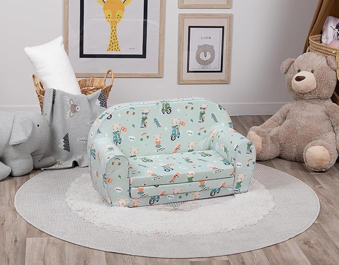 Delsit Toddler Couch & Kids Sofa - Skater Bear, Cotton Fabric, 30"W x 14"D x 17"H, Machine Washable Slipcover