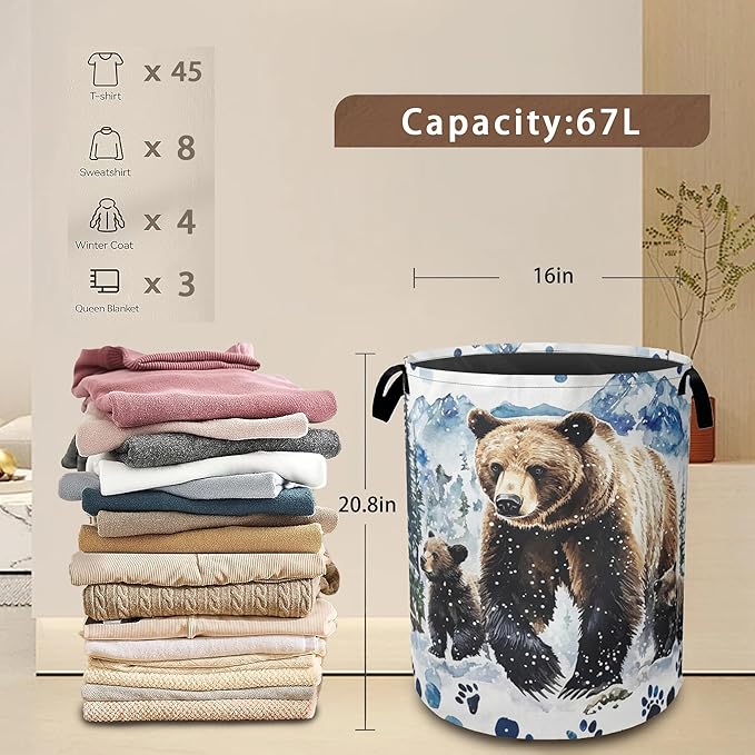 Bear Bear Collapsible Laundry Baskets,Paws Forest Laundry Hamper,Storage Basket with Handles for Bathroom Bedroom College Dormitory Living Room Nursery Organizer 16"x20"