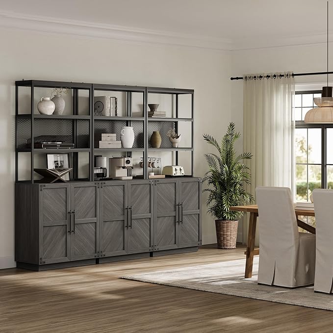 SICOTAS Tall Bookshelf with Storage Cabinet - Modern Book Shelf with Doors and Shelves, 5 Tier Bookcase with Metal Frame Industrial Large Book Case for Home Office, Living Room, 75 Inch, Ash Gray