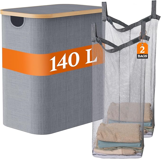 Foldable Laundry Hamper with Lid, Double Laundry Hamper, 2 Section Extra-large Laundry Basket with Bamboo Handles for Bathroom, Bedroom & Laundry Room, 140L Grey