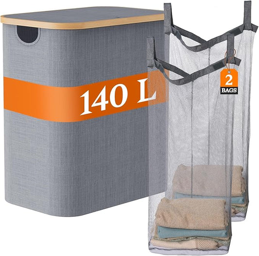 Foldable Laundry Hamper with Lid, Double Laundry Hamper, 2 Section Extra-large Laundry Basket with Bamboo Handles for Bathroom, Bedroom & Laundry Room, 140L Grey