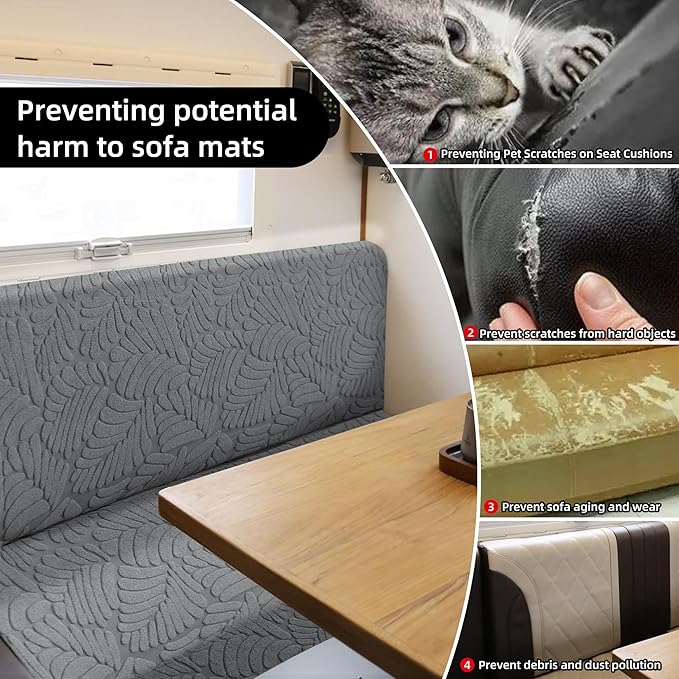 RV Dinette Cushion Covers - Jacquard Stretchable Camper Cushion Set, 2 Backrest & 2 Bench Covers (Leaves, Gray)
