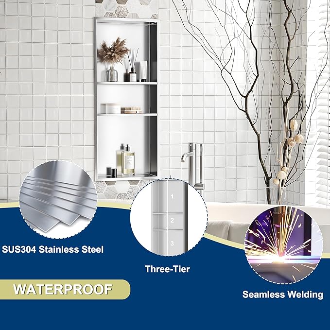 Stainless Steel Shower Niche 12" X 30", No Tile Needed Wall Niche Three-Tier Shower Niche, Recessed Shower Shelf for Bathroom Storage, Brushed Nickel