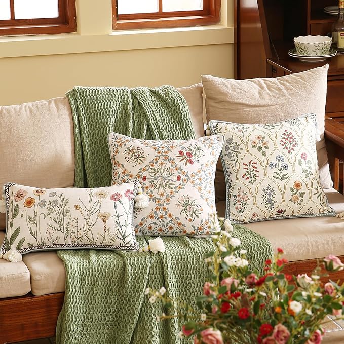 Design Linen Throw Pillow Covers 18"x18" Pack of 2, Square Farmhouse Cushion Covers with Red Pink Yellow Watercolor Wildflower Pattern Decor Pillowcases for Bed,Living Room,Outdoor,Car