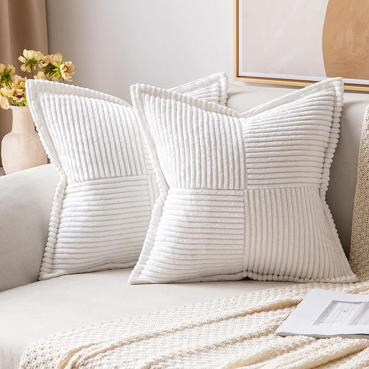 MIULEE Decorative Throw Pillow Covers for Couch Bed Livingroom 18x18 Inch Set of 2 White Boho Accent Throw Pllows Broadside Striped Patchwork Soft Corduroy Pillowcases