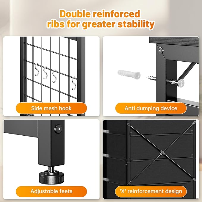 EnHomee 49.2" W Dresser for Bedroom with Hanging Rack 6 Drawers Dresser with LED Lights & Charging Station, Fabric Dressers & Chest of Drawers with Clothes Rack, Wooden Top, Grid Panel, Closet, Black