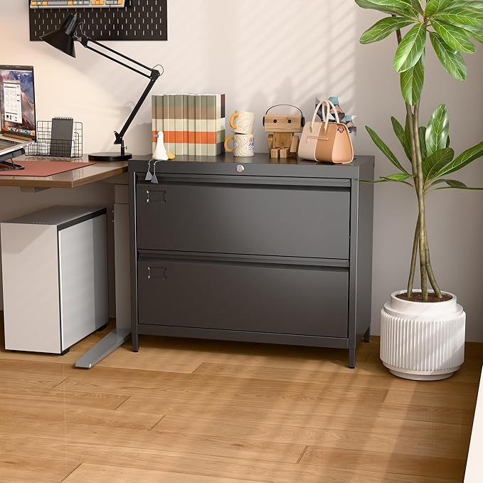 Lateral File Cabinet with 2 Drawers, Metal Wide Lateral Filing Cabinet with Lock for Hanging Files Letter/Legal/F4/A4 Size for Home Office School, 2 Drawer, Assembly Required, Black