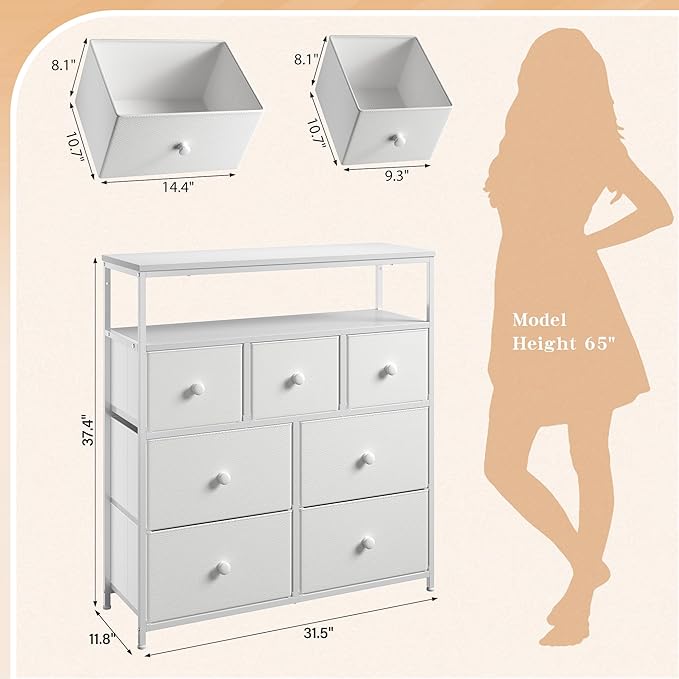 EnHomee Dresser for Bedroom with 7 Drawers and 2 Shelves,Tv Stand for Bedroom White Fabric Dresser for Closet,Hallway,Entryway,Dormitory