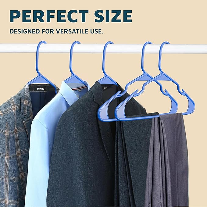 Plastic Clothes Hangers – Heavy Duty Hanger Set, for Organizing Clothes, Dresses, and Coat, Holds Up to 5 lbs, Space-Saving Hangers with Non-Slip Shoulder Grooves, Pack of 50, Blue