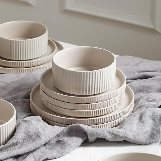Stone Lain Haven 12-Piece Dinnerware Set, Beige, Includes 4 Dinner Plates, 4 Salad Plates, 4 Bowls, Microwave & Dishwasher Safe
