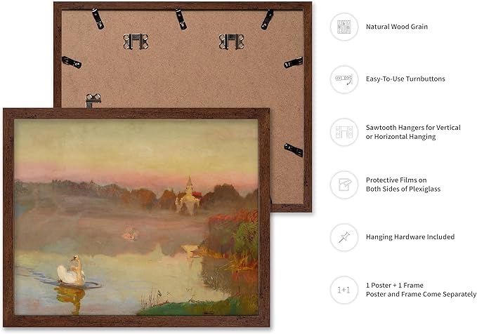 Poster Master Vintage Swan Print - Pond in Radziejowice Poster - Lake & Landscape Art - Farmhouse Wall Design - Animal Lover Art - Aesthetic Living Room or Office Decor - 8x10 Brown Framed