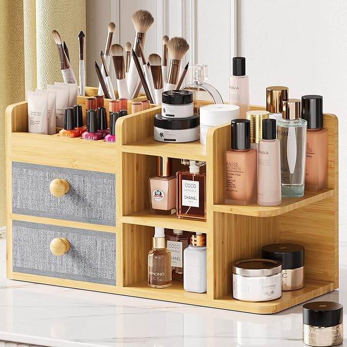 Bamboo Makeup Organizer Countertop For Vanity Dresser,Large Bathroom Counter Organizers And Storage,Cosmetic Skincare Perfume Organizer With 3 Makeup Brush Holder/2 Drawers/5 Shelves /8 Compartments