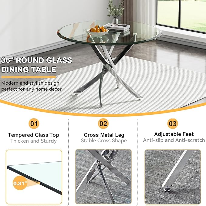 Goujxcy 5 Pieces Round Dining Table Set for 4, Modern Silver Glass Kitchen Table and Chairs for 4 with Upholstered Chairs, Circle Coffee Dining Table Set for Small Space,Apartment,Office