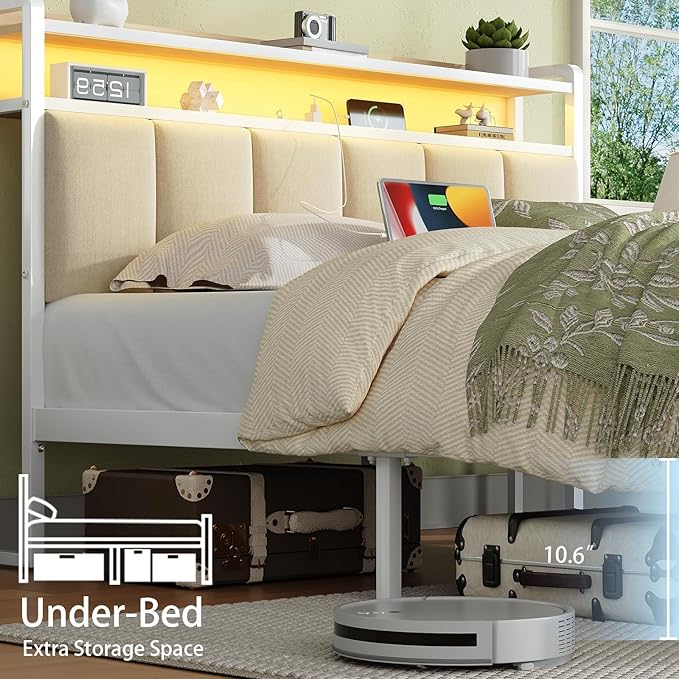 Queen Bed Frame with Charging Station and Storage Headboard, Metal Platform Bed Frame Queen Size with LED Lights, Heavy Duty Metal Slats Support, No Box Spring Needed, Easy Assembly, Beige