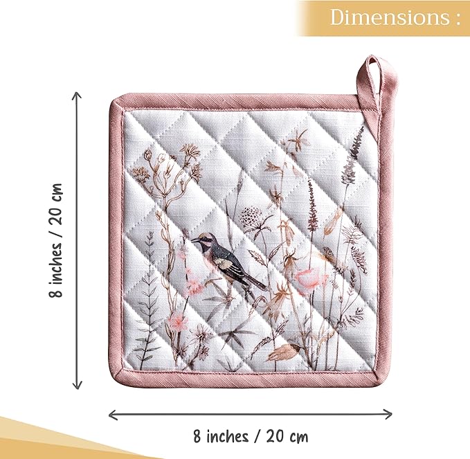 Maison d' Hermine Pot Holders 100% Cotton Heat Resistant Potholders 8" x 8" Hot Pads with Loop BBQ, Cooking, Grilling, Kitchen, Handling Hot Pans Spring/Summer (Pack of 1, Meadow Florals - Brown)