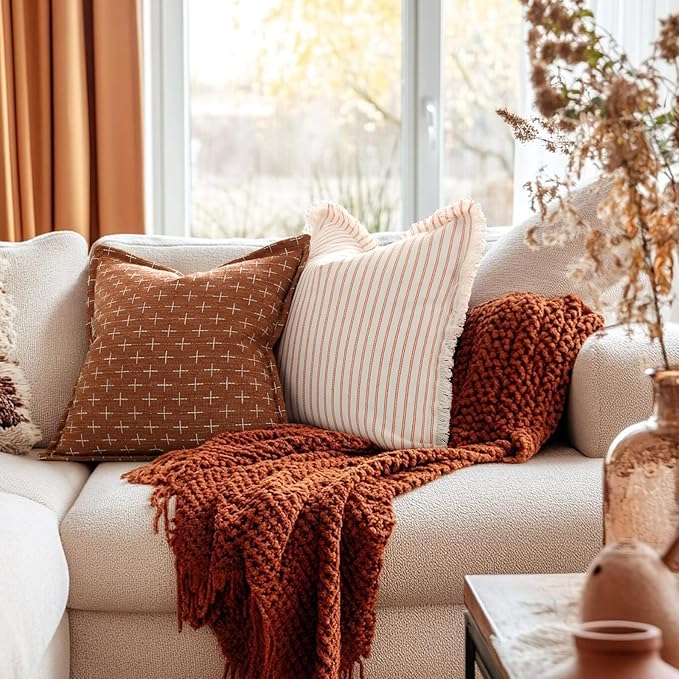 ZWJD Fall Pillow Covers 22x22 Set of 2 Soft Polyester Textured Rust Pillow Covers with Stylish Flange Edge Cozy Farmhouse Throw Pillows for Couch Bed Sofa Living Room Fall Decor