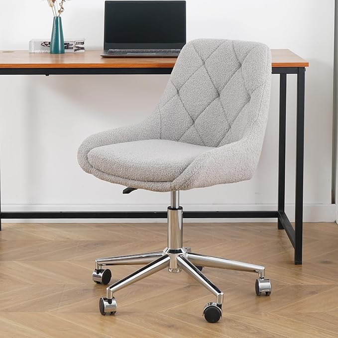 Furnimart 360° Swivel Rolling Desk Chair, Height Adjustable Vanity Chair with Silver Legs, Cute Task Chair with Wheels for Dorm Bedroom Studying Small Places (Teddy Gray)