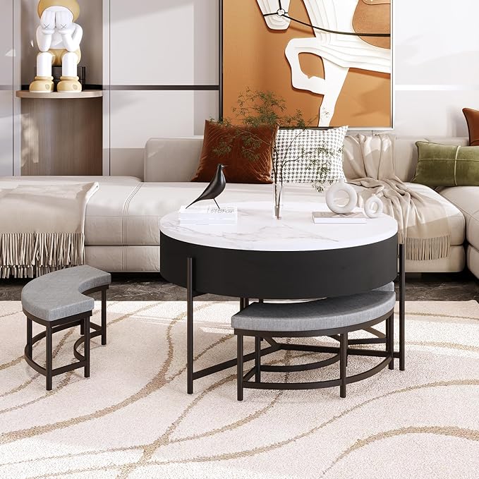 WILLIAMSPACE 31.5" Lift Top Coffee Table Set with Storage & 3 Upholstered Nesting Ottoman, Modern Round Marble Coffee Table Accent Center Table for Living Room, Apartment, White & Black