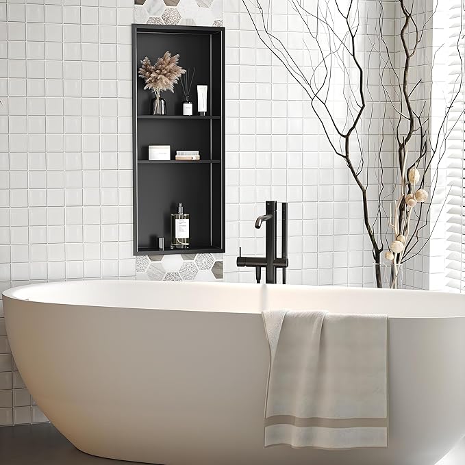 Stainless Steel Shower Niche 12" X 30", No Tile Needed Wall Niche Three-Tiers, Recessed Shower Shelf for Bathroom Storage, Matte Black
