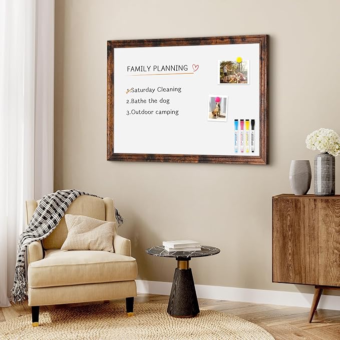 4 THOUGHT Dry Erase Board, 24" x 18" Magnetic Whiteboard Brown Vintage Wood Frame Wall-Mounted White Board Decorative Notice Board School, Office, Home, 6 Magnets 4 Markers 1 Eraser