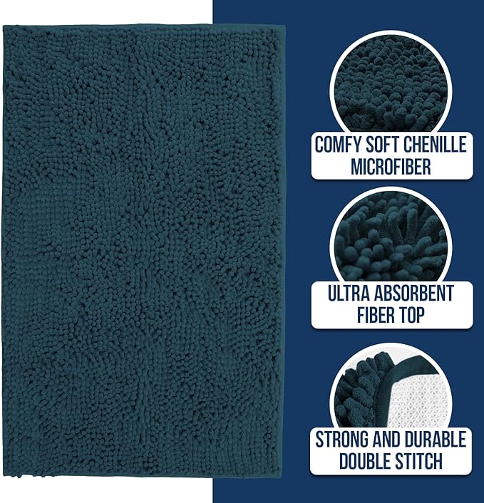 Muddy Mat Chenille Bathroom Rugs Quick Dry Microfiber Mats Non Slip Washable, Extra Thick, Soft and Highly Absorbent Bath Mats for Bathroom, Kitchen, and Shower Floor - Atlantic Blue XL 59"X35"