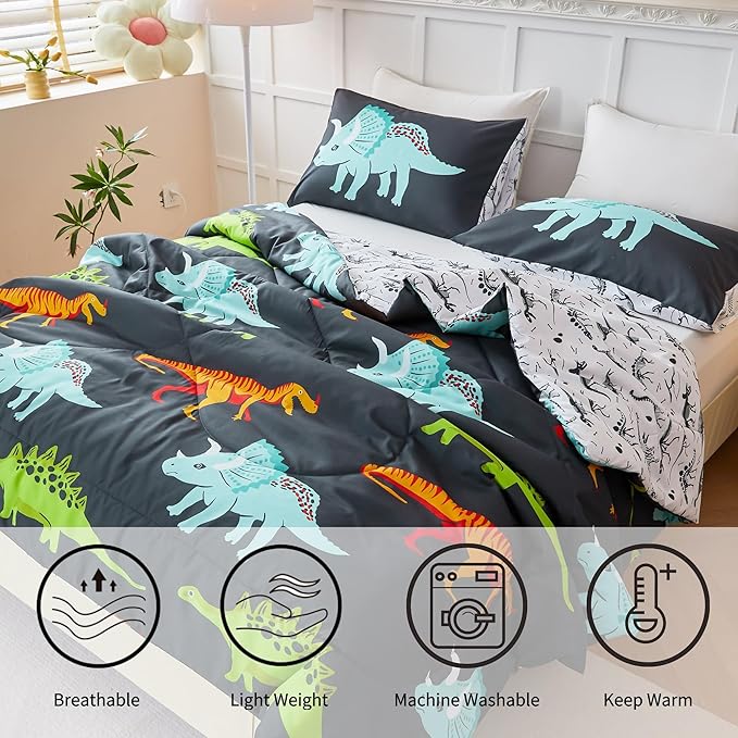 RYNGHIPY Dinosaur Bedding Set - Full Size Kids Comforter Set for Boys & Girls - Soft, Breathable, Cute Dinosaur Bed Set for All Season (Black, Full)
