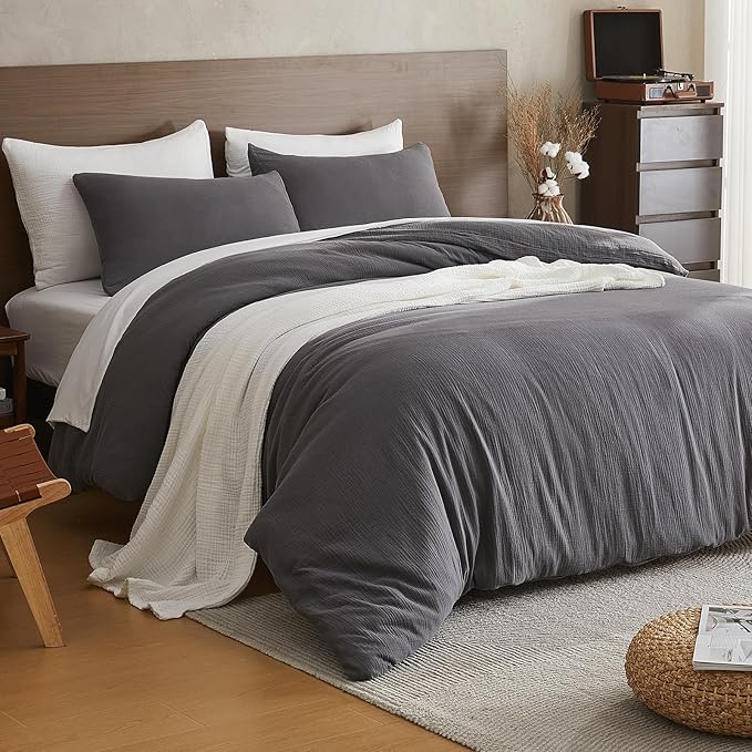 EMME Muslin Cotton Duvet Cover Set Dark Grey Twin Size Linen Like Soft Breathable Lightweight Summer Comforter Cover Set with Zipper Closure (Dark Grey, Twin, 68"x90")