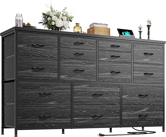 Dresser for Bedroom with 16 Fabric Drawers Long Dresser with Charging Station TV Stand for 60" TV Dressers & Chest of Drawers for Bedroom, Living Room, Closet, Black