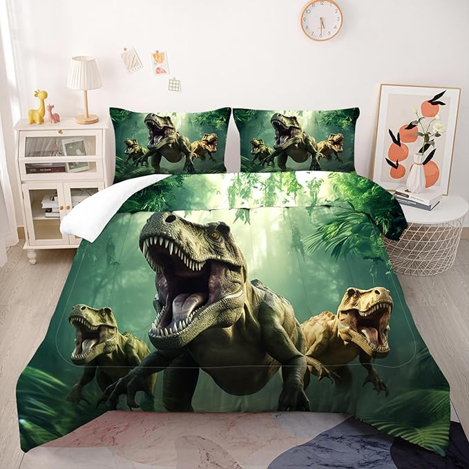 Kids Dino Comforter Set Twin Size for Boys Green Dinosaur Quilt Set Soft Microfiber Dino Bed Set for All Season Use Dinosaur Bedding Set with 1 Comforter + 1 Pillowcase