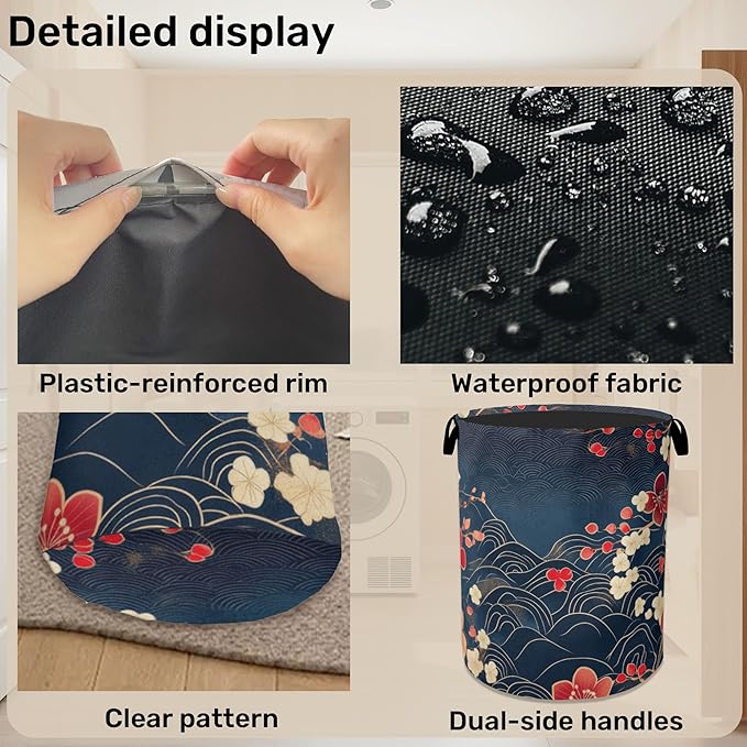 Japanese Wave Cherry Blossom Large Clothes Hamper Bag - Laundry Basket with Handles, Space Saving Foldable Design for Nursery