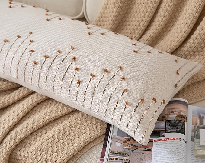 Caflife Boho Lumbar Pillow Cover 14x36 Long Pack of 1 Decorative Pillows Bed, Beige with Brown Body Throw Pillow Covers, for Modern Farmhouse Sofa Bedroom Living Room Home Decor Couch Pillowcase