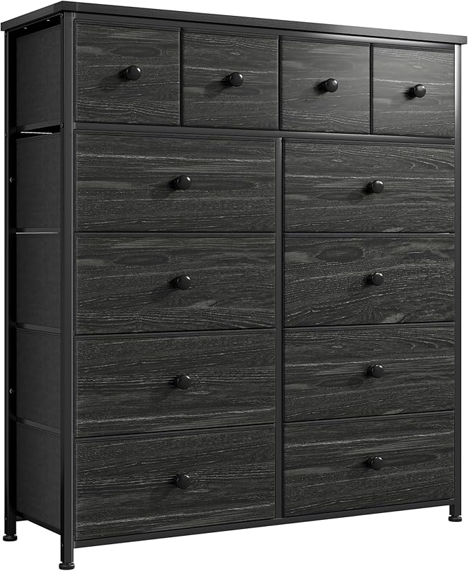 Dresser for Bedroom with 12 Drawers Tall Dressers for Bedroom Fabric Dressers & Chest of Drawers with Sturdy Metal Frame, Wood Top, for Woman, Closet, 40.6" W x 11.8" D x 44.5" H (Charcoal Black)