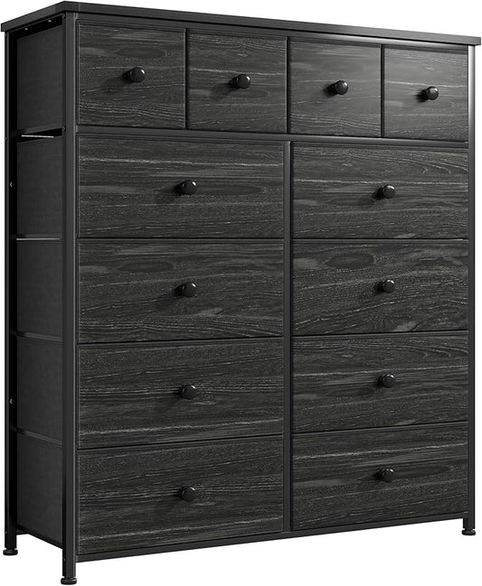 Dresser for Bedroom with 12 Drawers Tall Dressers for Bedroom Fabric Dressers & Chest of Drawers with Sturdy Metal Frame, Wood Top, for Woman, Closet, 40.6" W x 11.8" D x 44.5" H (Charcoal Black)
