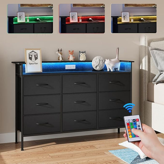 ELYKEN Black Dresser for Bedroom with LED Light & Charging Station, 9 PU Finish Fabric Drawers Dressers & Chest of Drawer with USB Outlet for for Entryway Closet Living Room Hallway