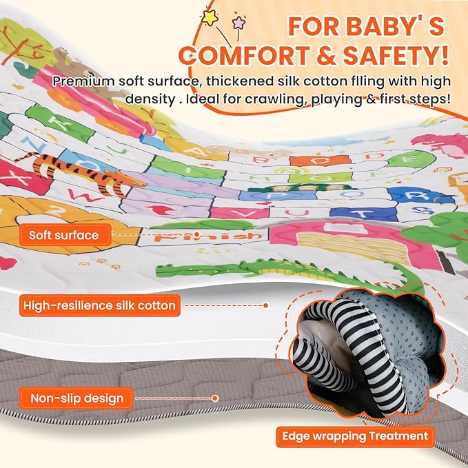 Baby Play Mat for Floor,50x50 Inch Soft Padding Crawling Mat for Playpen, Foldable and Machine Washable, Thick for Babies & Toddlers,Animal School